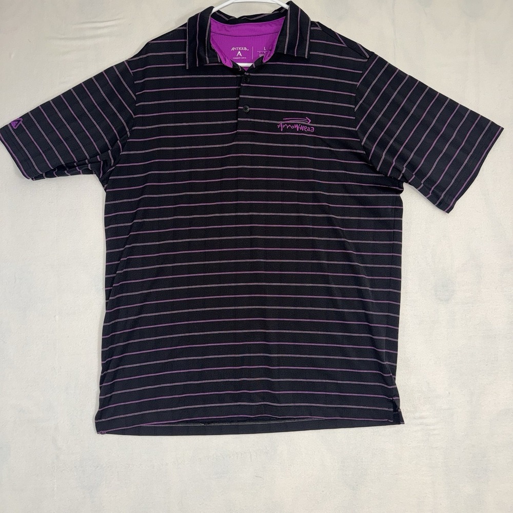 Men's Large Antigua Black Purple Performance Golf Polo Arrowhead‎ Short Sleeve